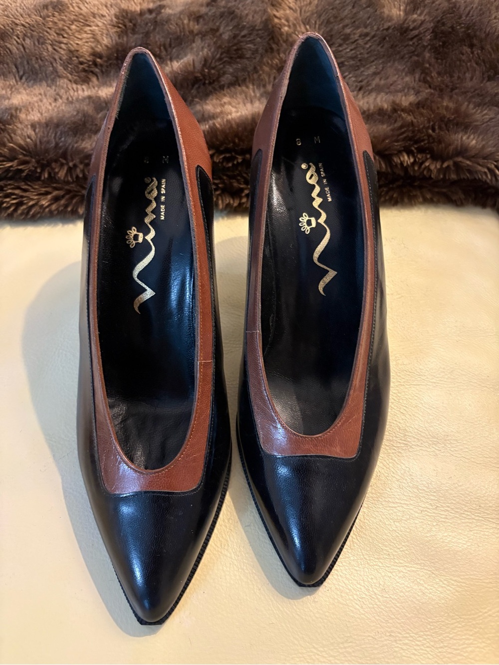Nina Black Leather Pointed Toe Pumps with Brown Trim